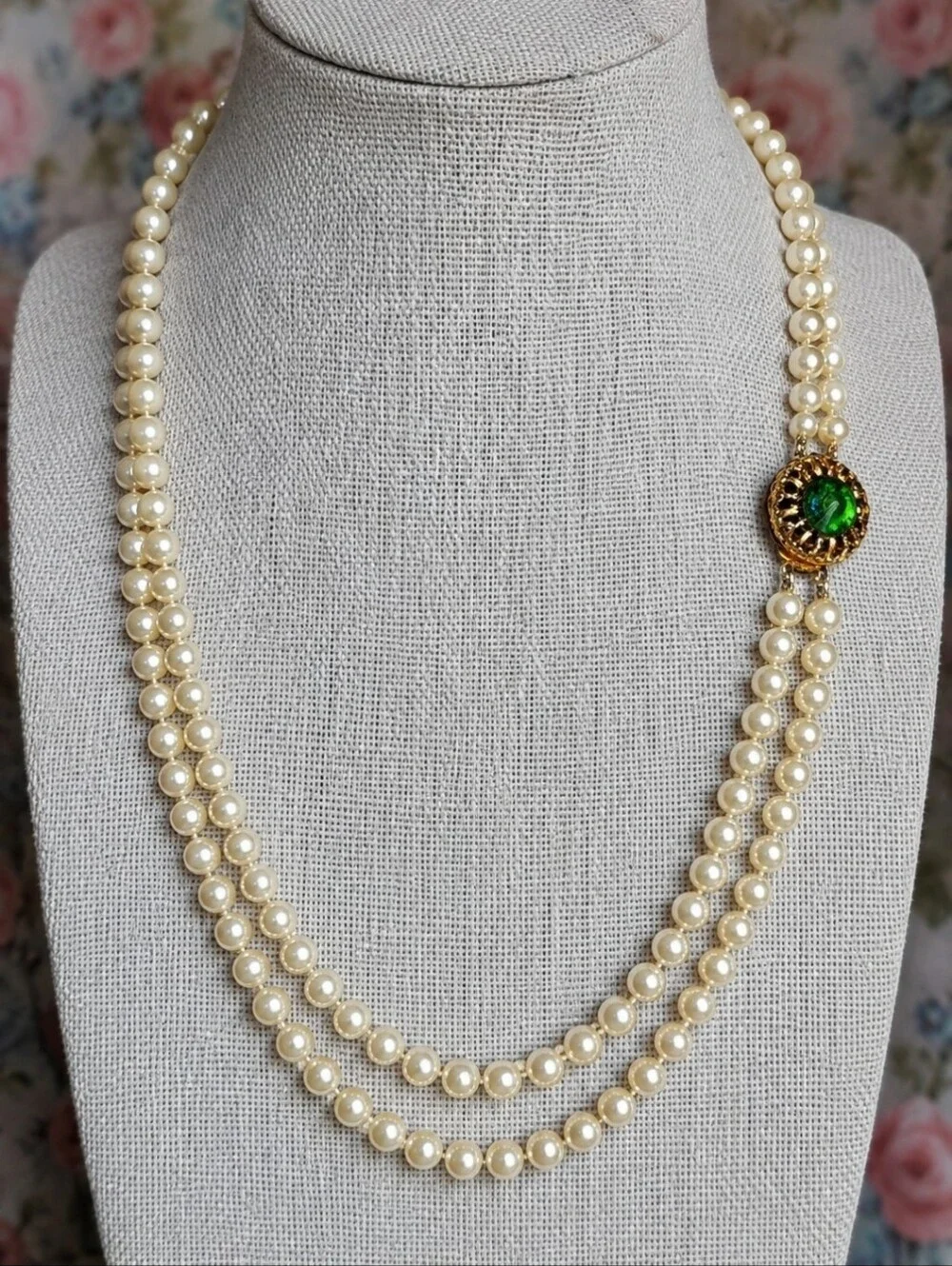 Majorca Spain Dual Strand Pearl Necklace Watermelon Rainbow Rivoli Golden Clasp